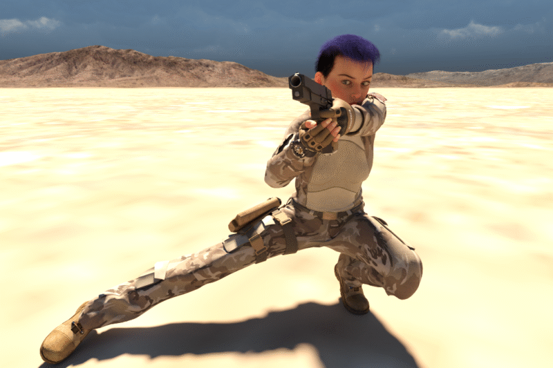 Female soldier in tactical gear aiming a pistol while kneeling in a desert under dark storm clouds