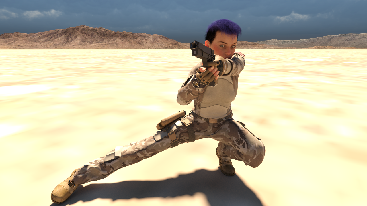 Female soldier in tactical gear aiming a pistol while kneeling in a desert under dark storm clouds